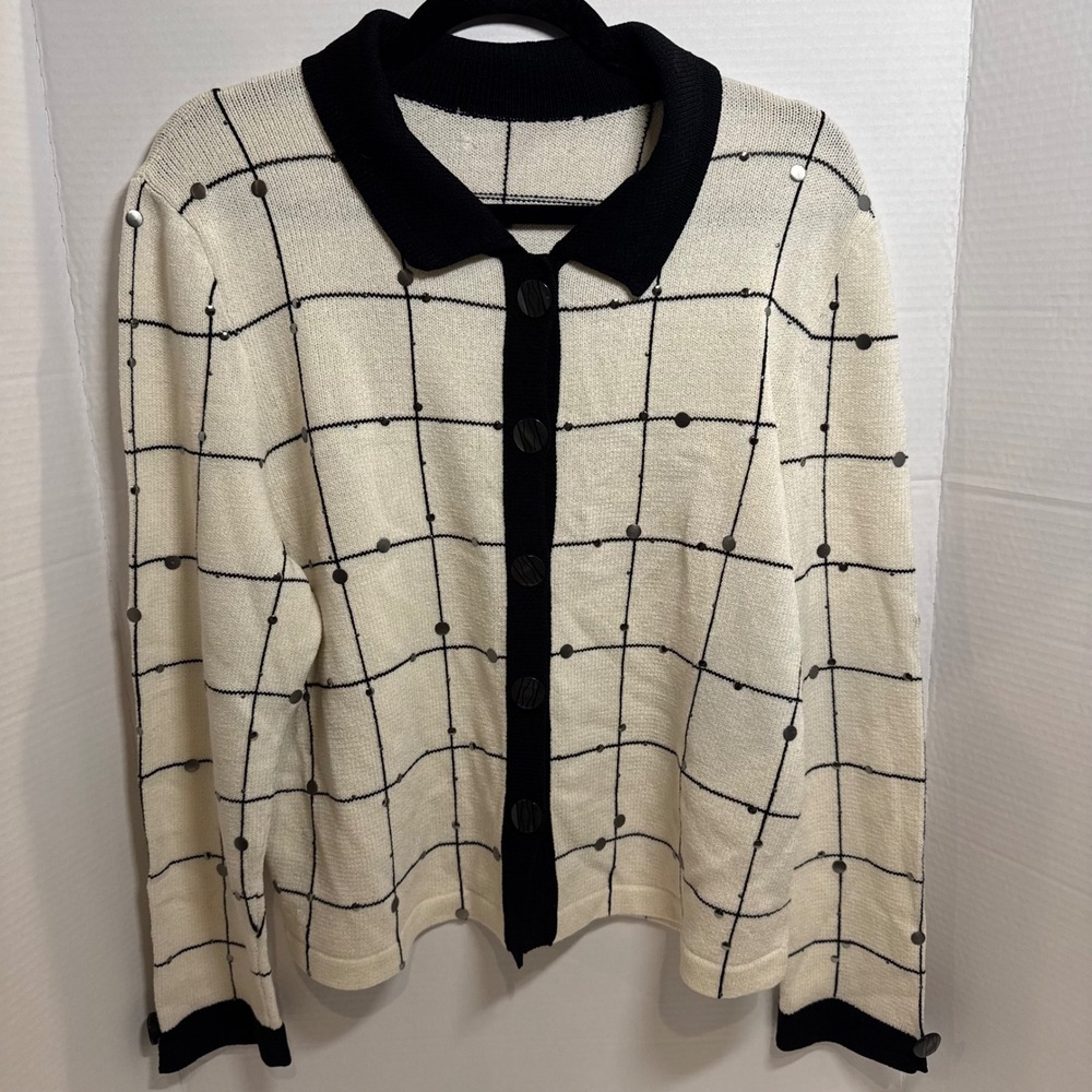 Vintage 80s Womens Cream Black Grid  Button Up Cardigan Sweater Knit Made in USA